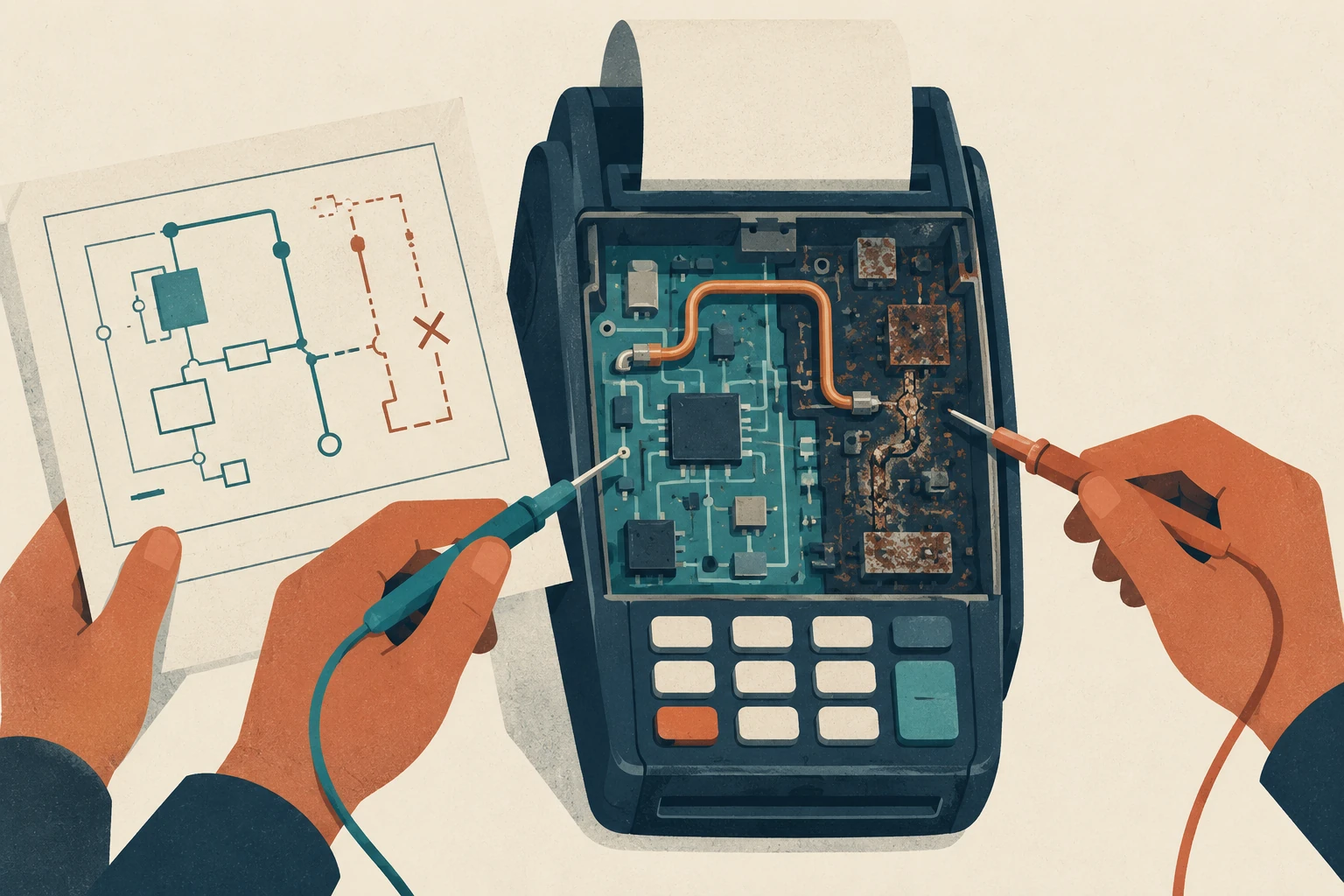 Test probes compare a necessary bypass circuit and a corroded dead branch in an old payment machine.