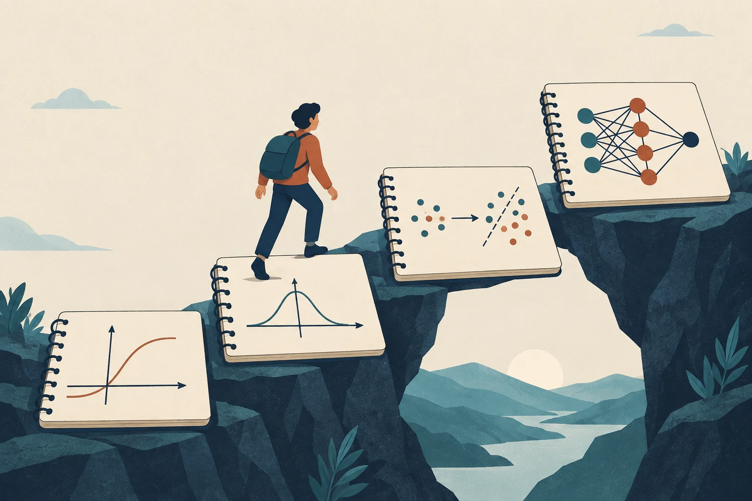 Four notebook stepping stones bridge basic calculus and a small neural network.