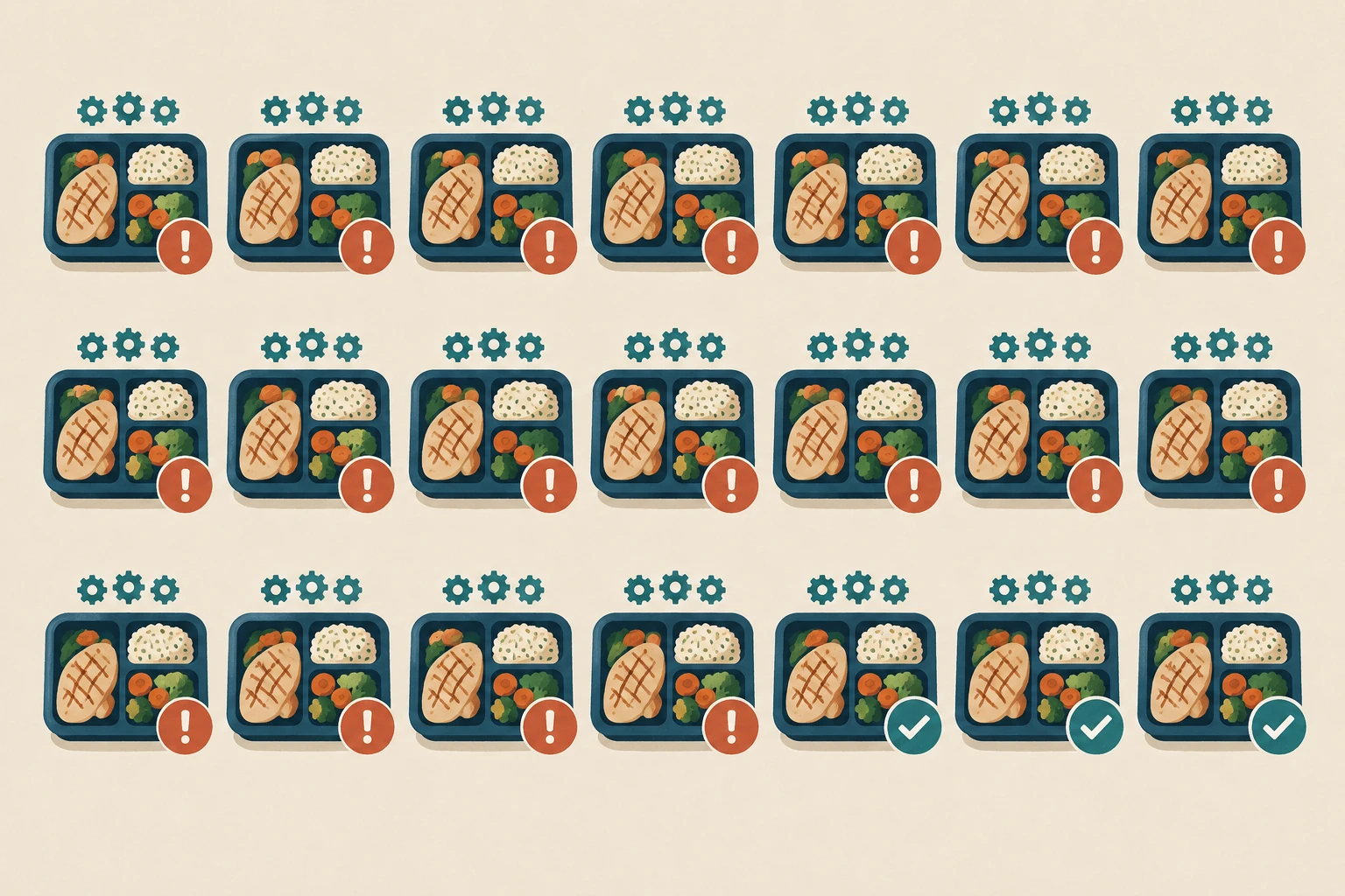 Twenty-one meal trays, eighteen with warning markers and three with approval markers.